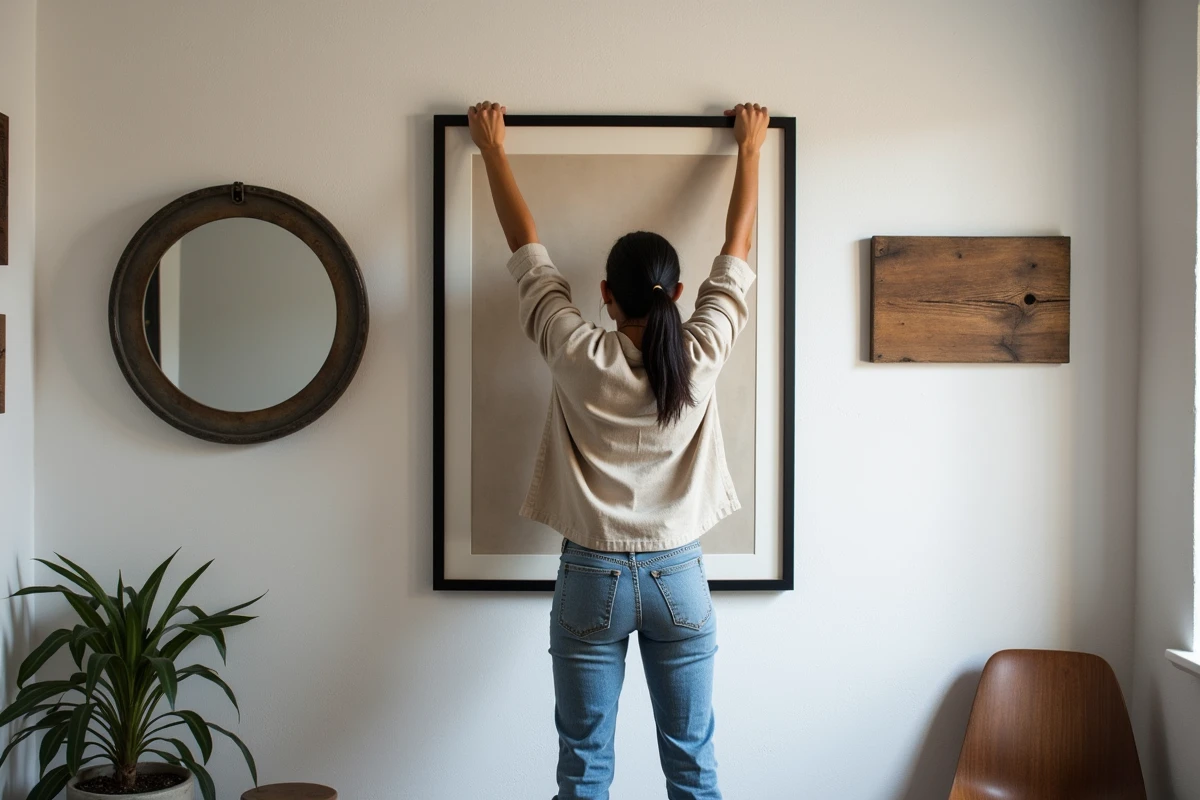 Femme accrochant un tableau encadr&eacute; acier sur un mur blanc dans un int&eacute;rieur d&eacute;cor&eacute; style industriel