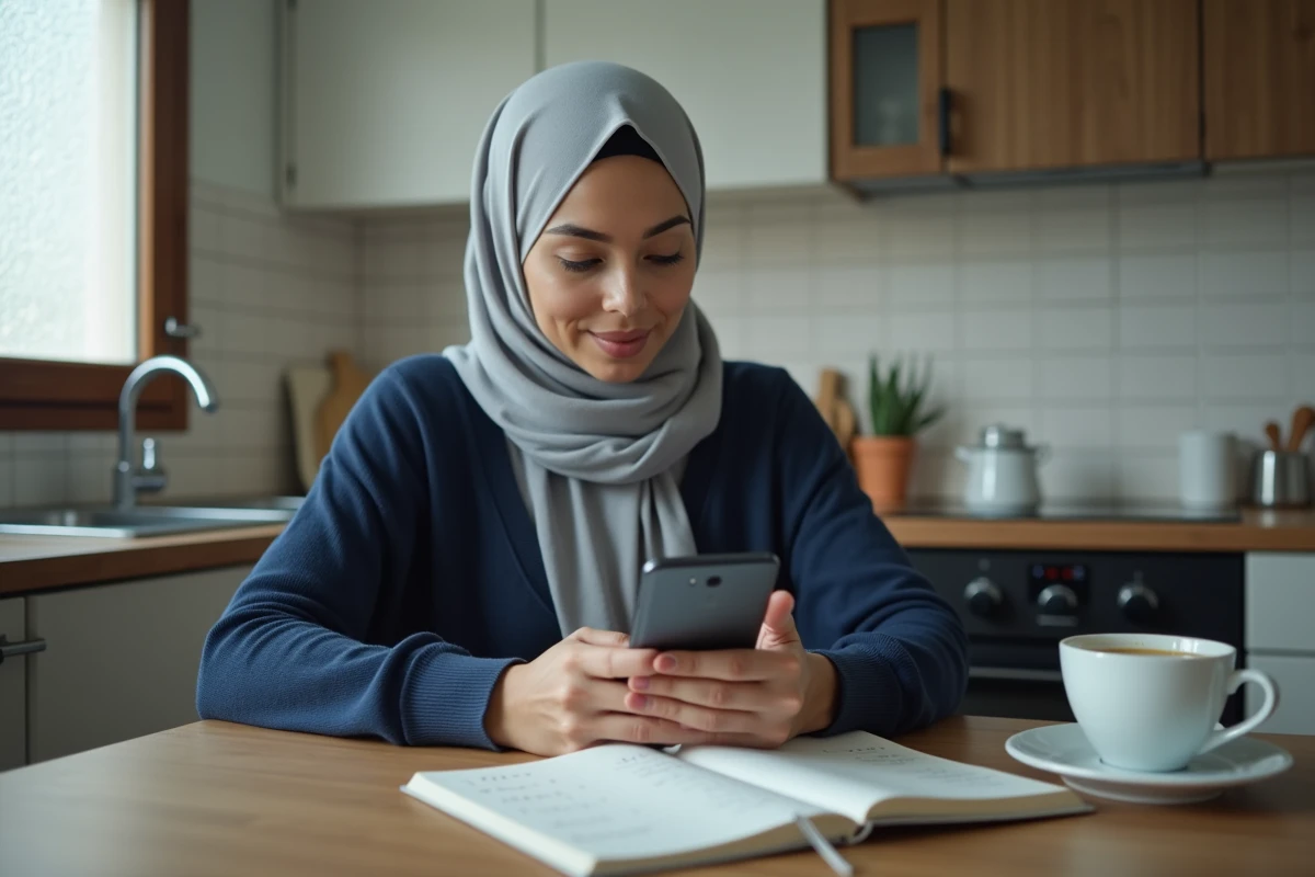 Femme réglant les alarmes de prière sur son téléphone en tenant compte du changement d'heure