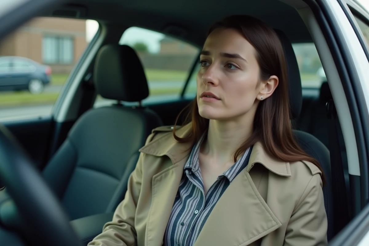 Femme assise dans une voiture gar&eacute;e avec une expression anxieuse, illustrant l'angoisse li&eacute;e aux r&ecirc;ves d'accidents de voiture