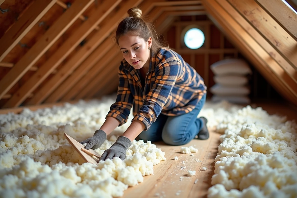 Femme bricoleur &eacute;talant la ouate de cellulose souffl&eacute;e dans les combles pour une isolation thermique efficace