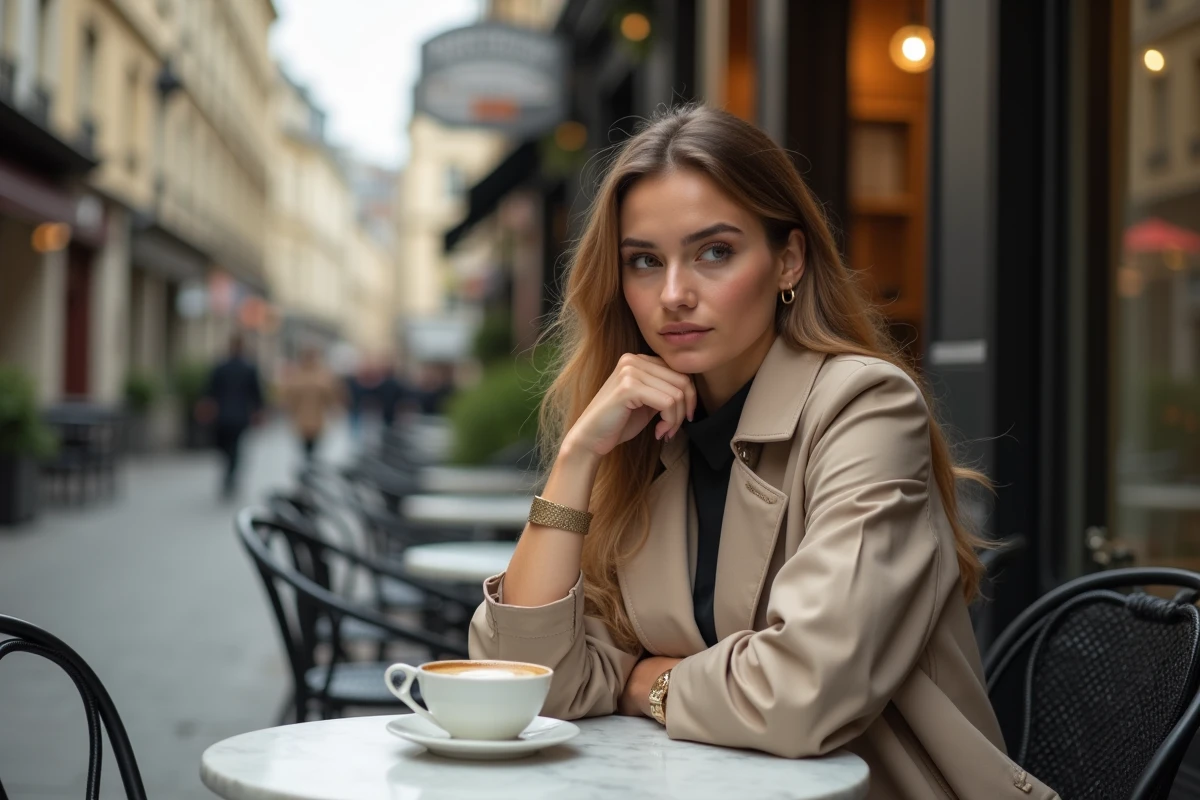 Jeune femme sobre et élégante attablée dans un café parisien, regard pensif, style discret et médiatique