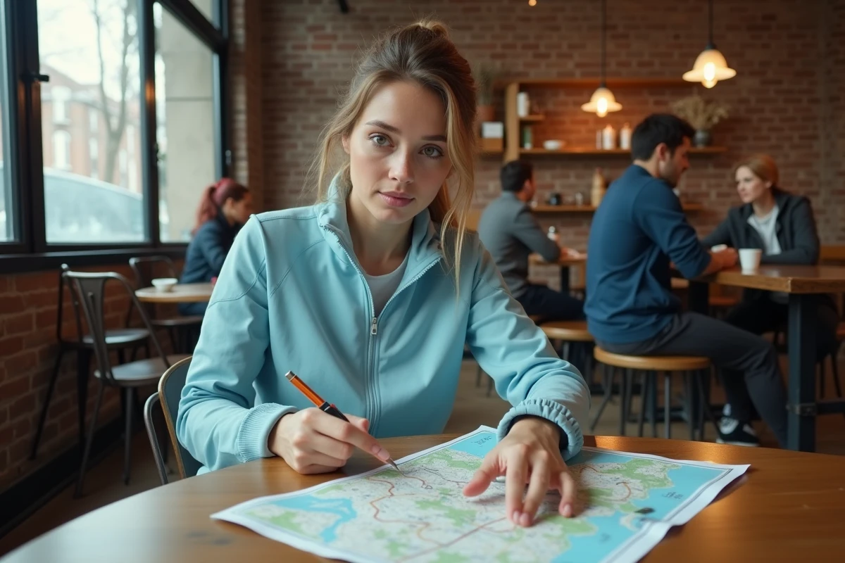 Femme calculant mentalement des distances en miles sur une carte routière dans un café