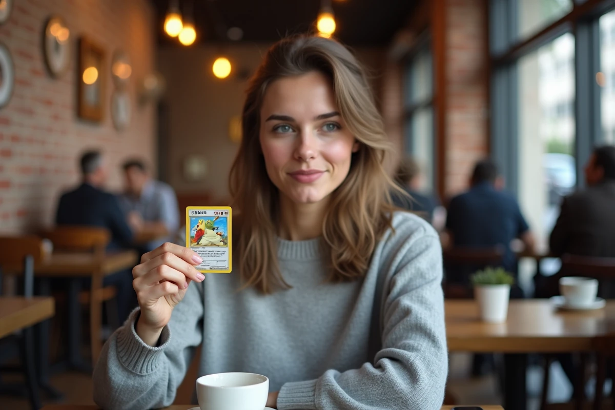 Femme tenant un code Pokémon TCG Online dans un café urbain, réfléchissant à son investissement
