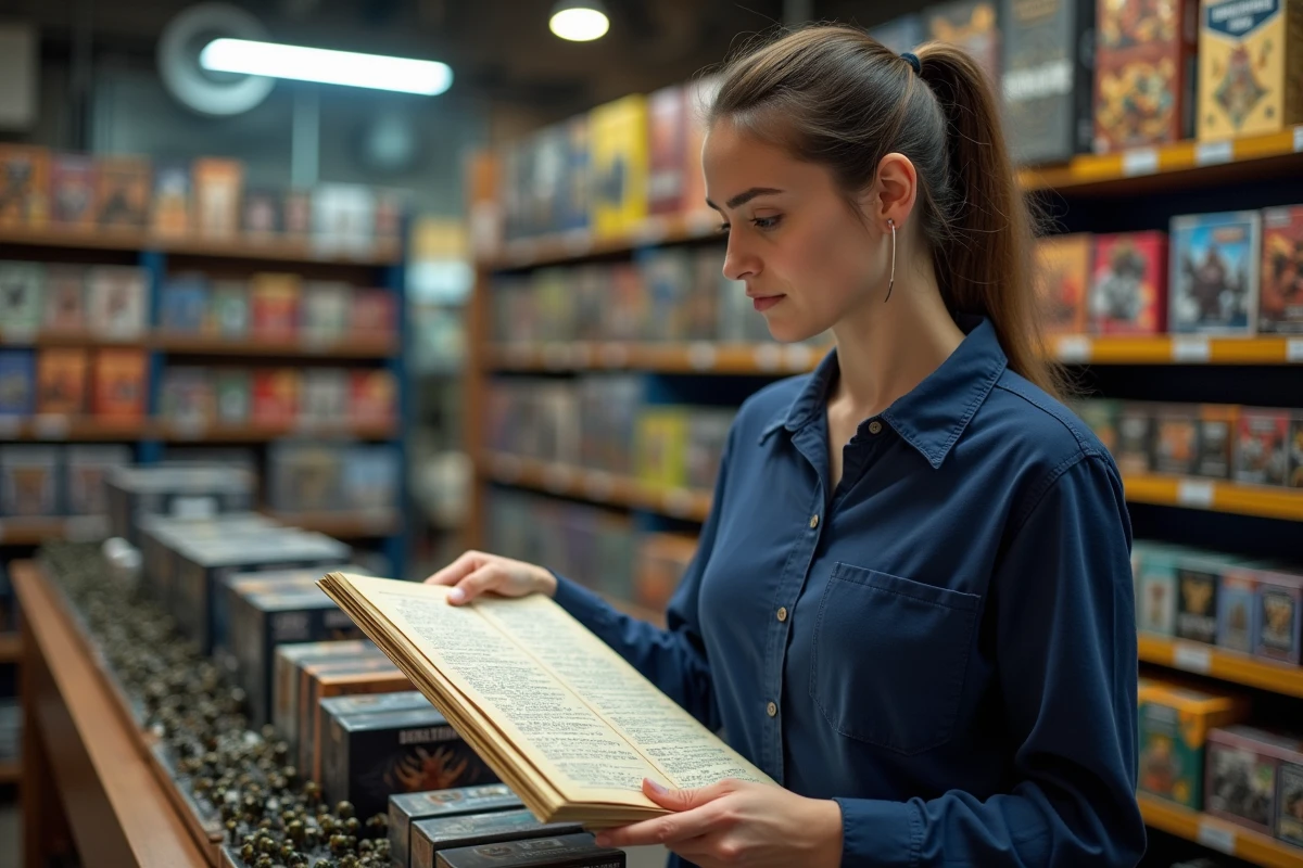Une femme compare un codex Warhammer avec des bo&icirc;tes de figurines dans un magasin de jeux sp&eacute;cialis&eacute;