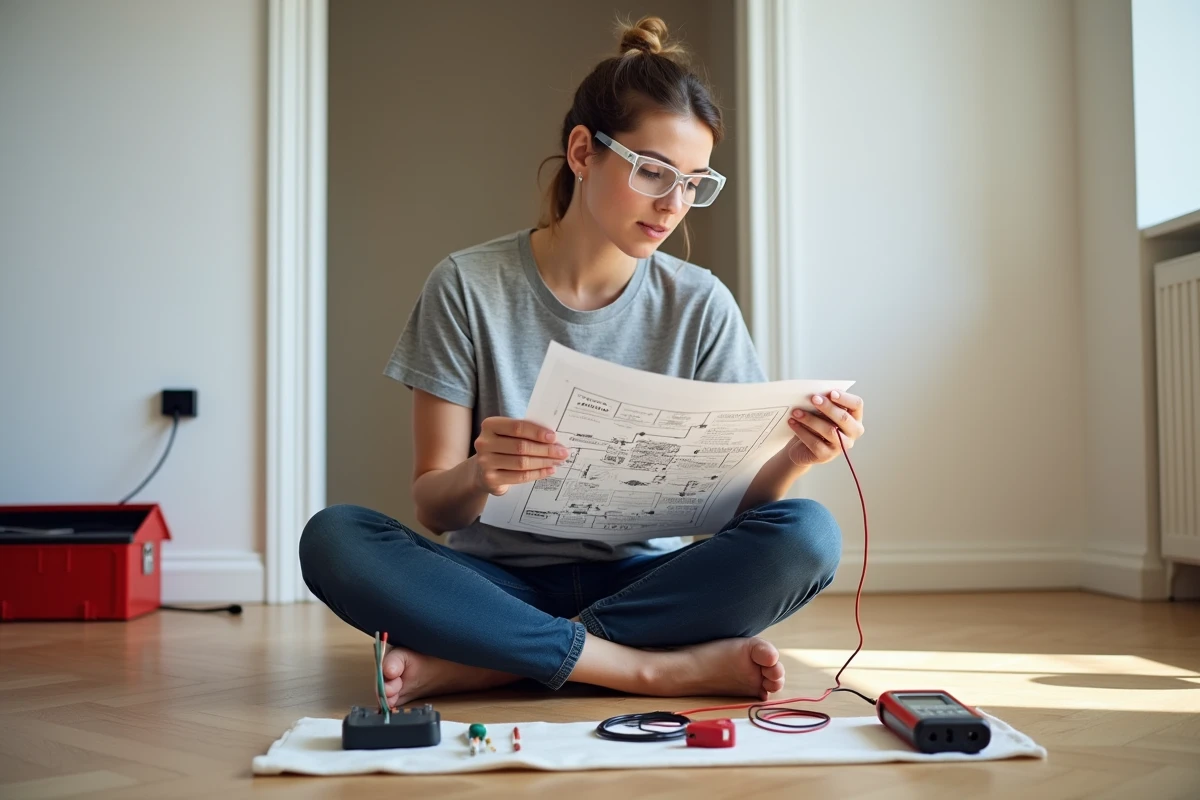 Femme consultant un sch&eacute;ma de c&acirc;blage &eacute;lectrique avec un multim&egrave;tre et des fils de prise d&eacute;mont&eacute;e pos&eacute;s au sol