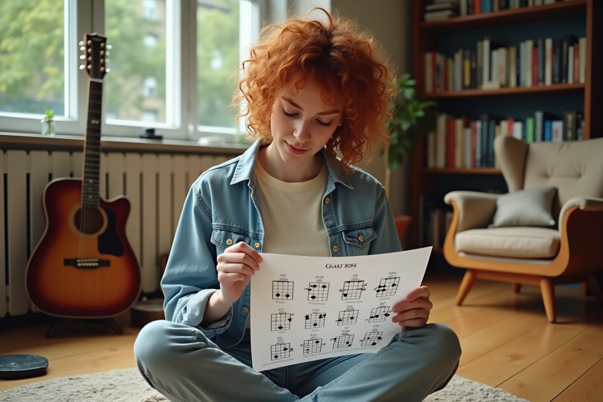 Jeune femme étudiant une feuille d'accords de guitare posée sur le sol d'un salon
