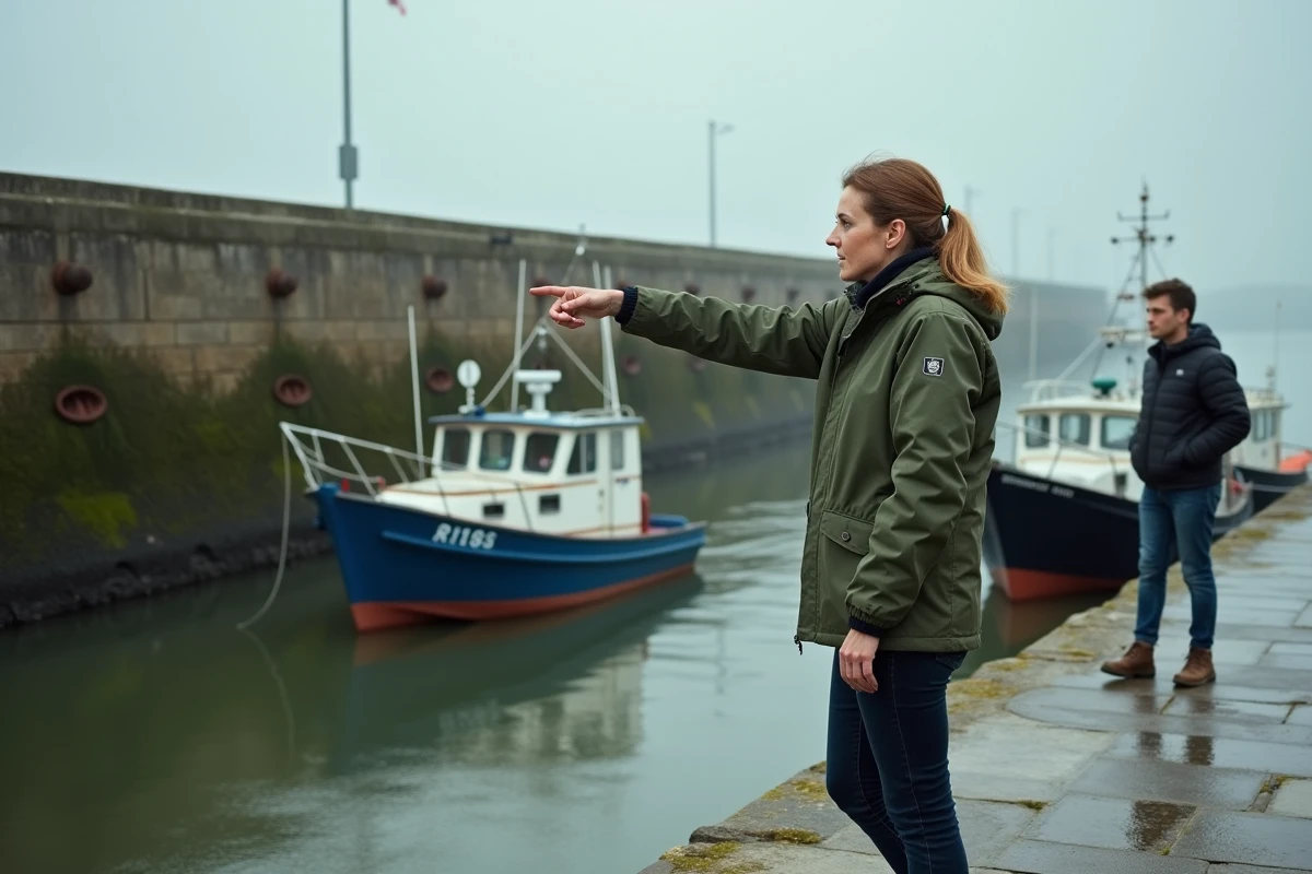 Femme sur la jetée du port d'Hendaye indiquant le niveau de la mer, bateaux échoués à marée basse visibles en arrière-plan