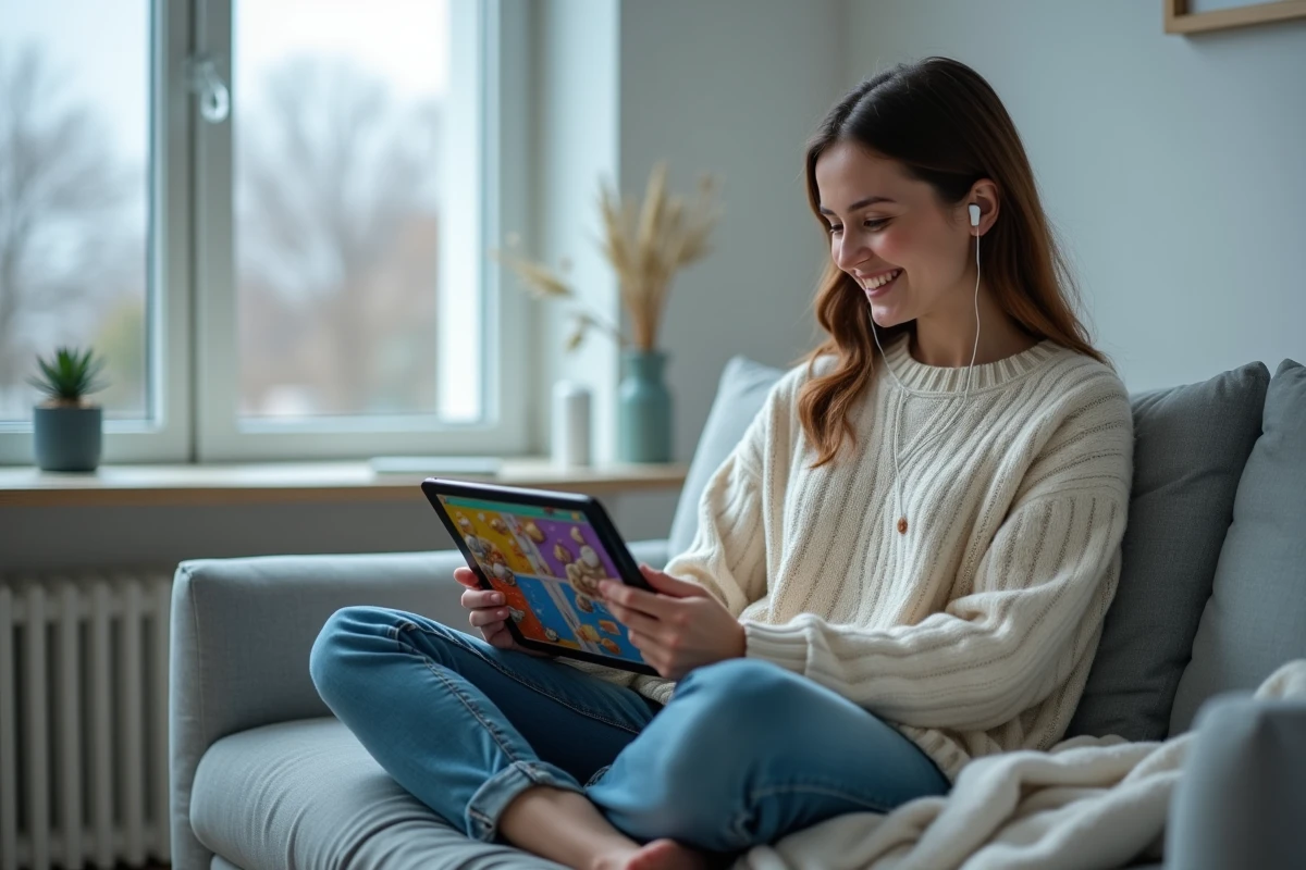 Jeune femme jouant à un jeu de société en ligne sur tablette dans un intérieur scandinave minimaliste