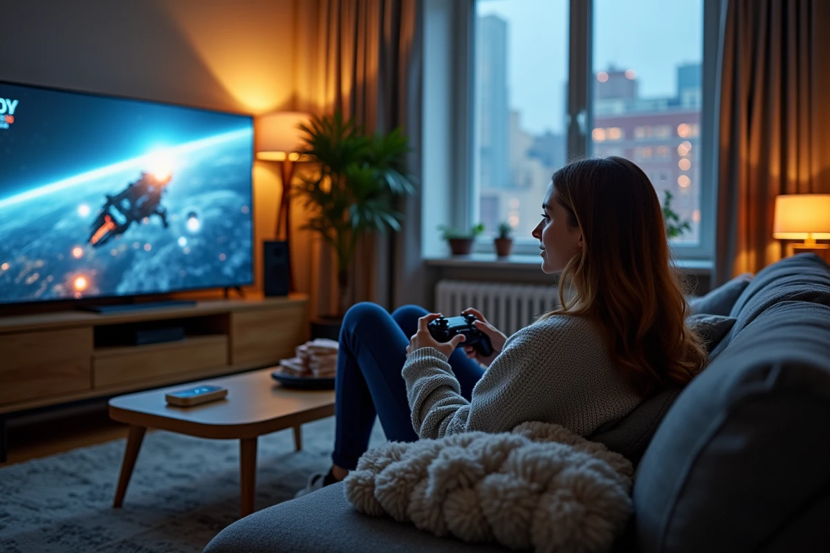 Jeune femme jouant seule à un jeu vidéo de type Aeonscope sur canapé dans un appartement urbain moderne