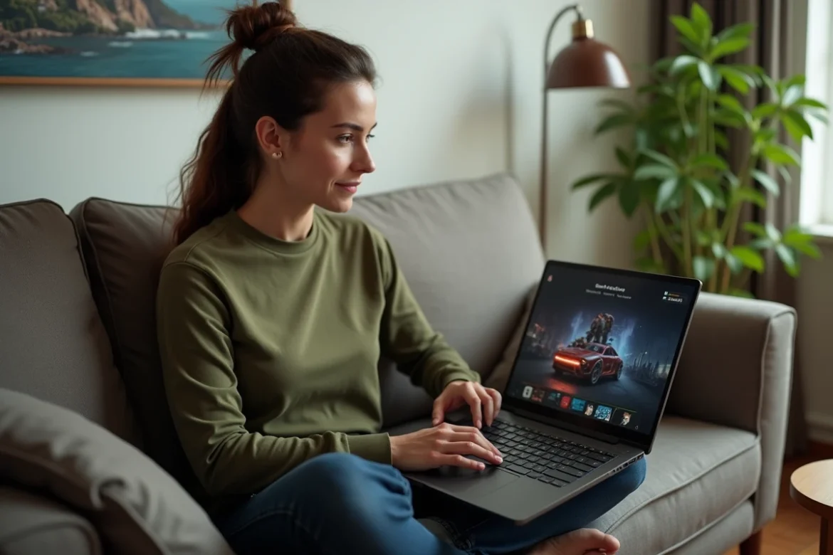 Femme utilisant un launcher de jeux sur laptop dans un salon cosy, ambiance lifestyle gaming décontractée