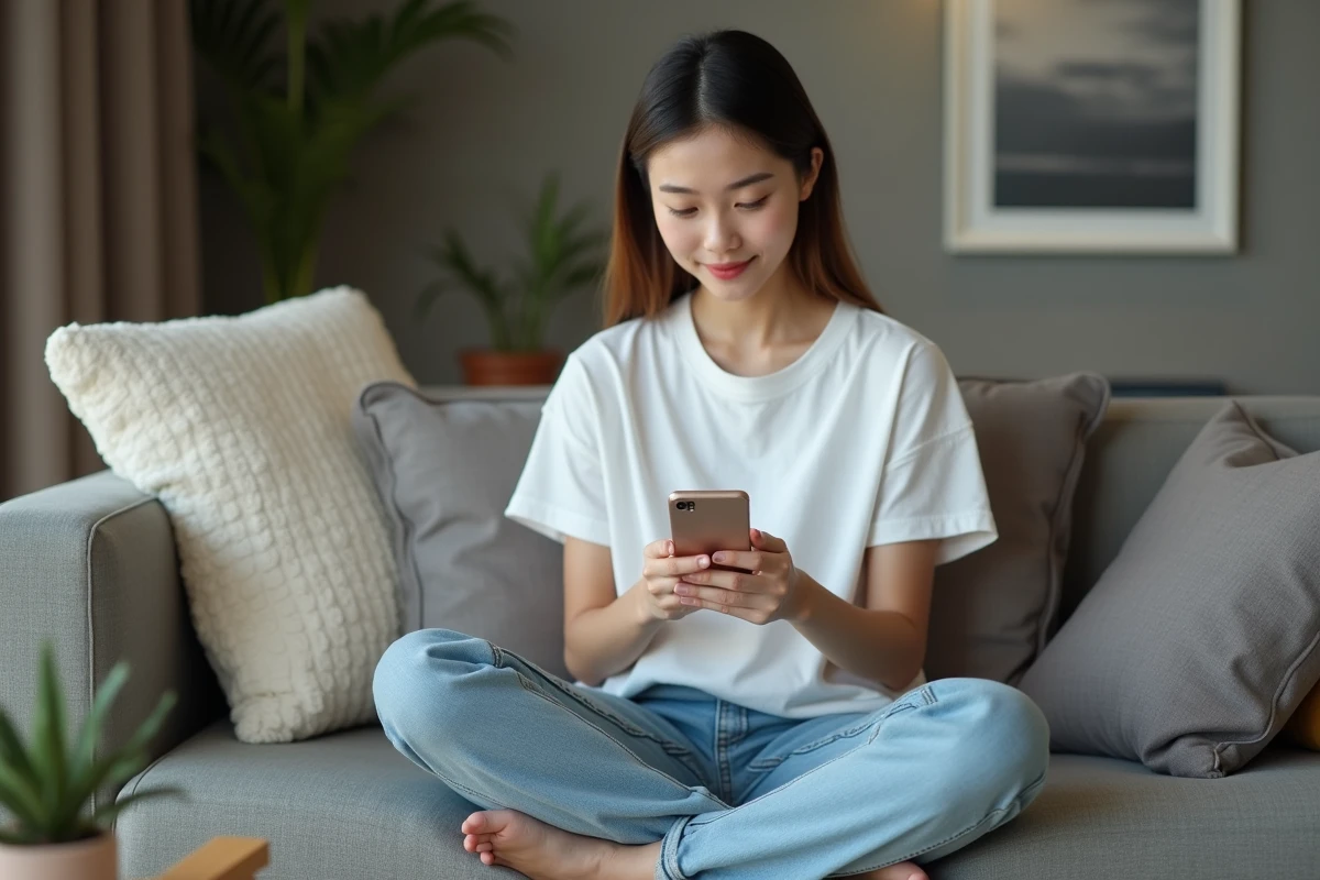 Jeune femme consultant une application de lecture de manga sur smartphone confortablement install&eacute;e dans son salon