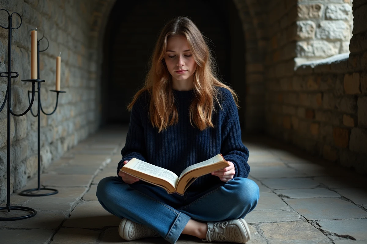 Jeune femme lisant un livre illustré sur les Korrigans et le folklore breton dans une chapelle médiévale en granit