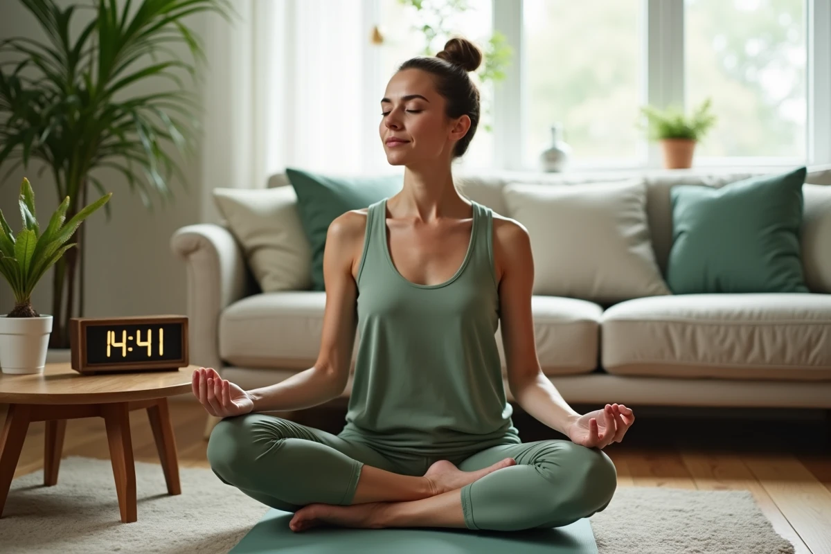 Femme en m&eacute;ditation sur un tapis de yoga avec une horloge affichant 14h41, &eacute;voquant la spiritualit&eacute; et la signification de l'heure miroir