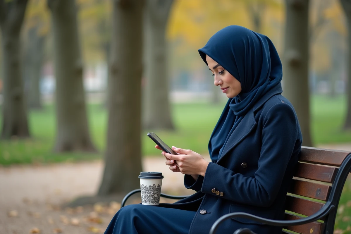 Jeune femme musulmane consultant les heures de pri&egrave;re sur smartphone dans un parc de Compi&egrave;gne