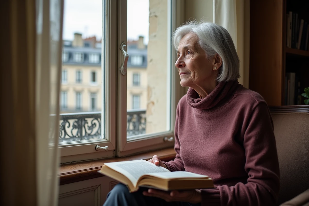 Femme pensive assise pr&egrave;s d'une fen&ecirc;tre dans un appartement parisien classique, tenant un livre et regardant au loin, symbole de vie int&eacute;rieure et de confidences rares
