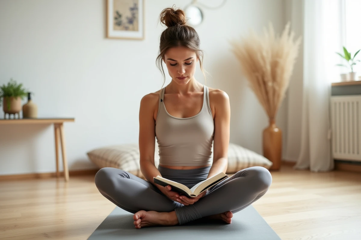 Femme &eacute;panouie assise en tailleur sur un tapis de yoga, lisant un livre sur le bien-&ecirc;tre intime dans un espace de d&eacute;tente lumineux