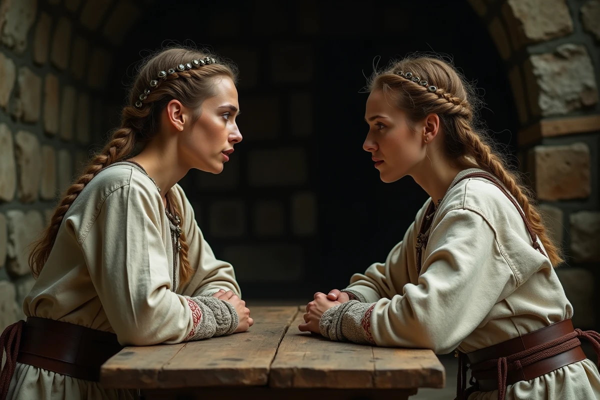 Deux femmes vikings face &agrave; face dans une grande salle m&eacute;di&eacute;vale, sc&egrave;ne de tension et de trahison