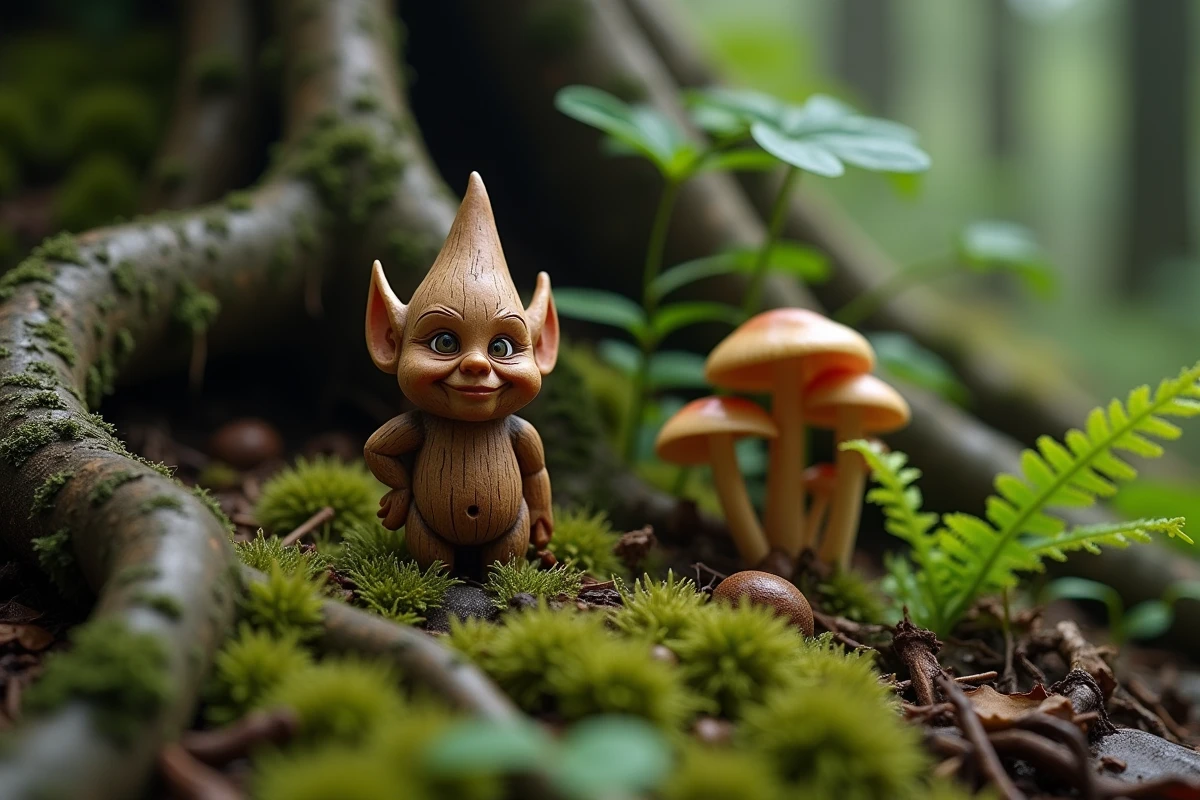 Figurine en bois sculptée représentant un Korrigan espiègle posée sur un sol forestier breton moussu et humide