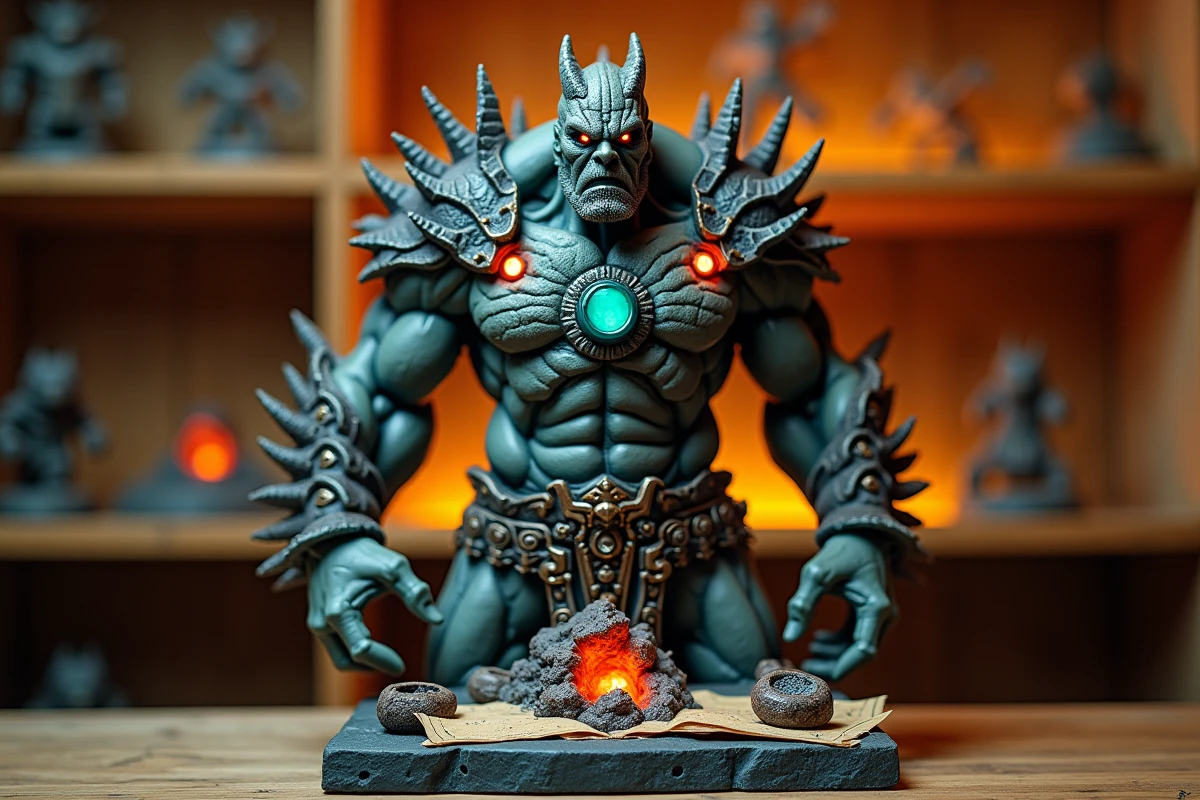 Figurine de collection d'un titan primordial sculpté avec détails de transformation et capacités spéciales sur étagère de collectionneur