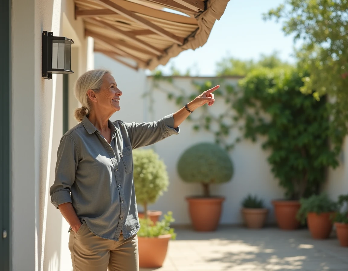 Propriétaire inspectant le fixation d'un store banne et d'une pergola sur un mur extérieur avec scellement chimique