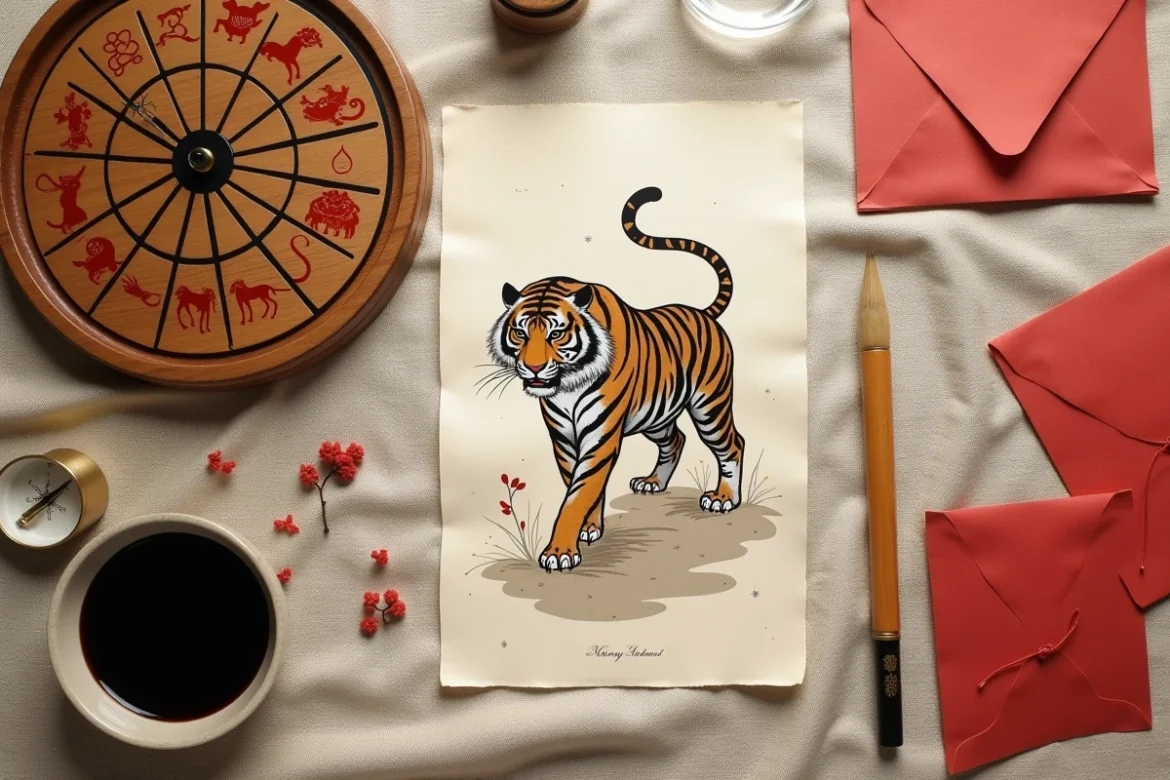 Flat lay d'objets li&eacute;s &agrave; l'astrologie chinoise incluant une roue du zodiaque, une illustration de tigre &agrave; l'encre et un pinceau de calligraphie, repr&eacute;sentant le Tigre de Terre 1998