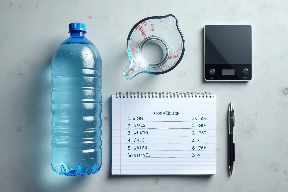 Vue de dessus d'une bouteille de 5 litres avec une fiche de conversion en millilitres et des accessoires de mesure sur b&eacute;ton