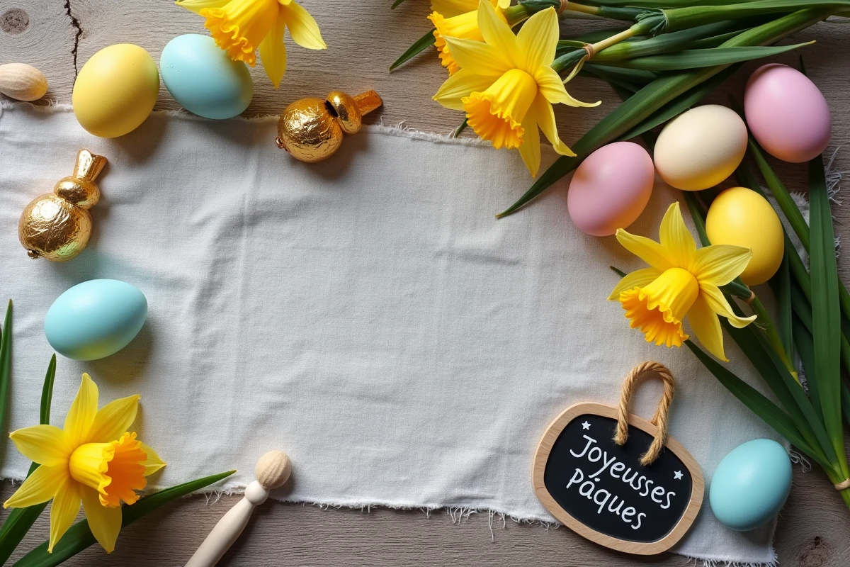 Composition flat lay d'œufs de Pâques peints, chocolats et fleurs printanières sur nappe de lin vintage