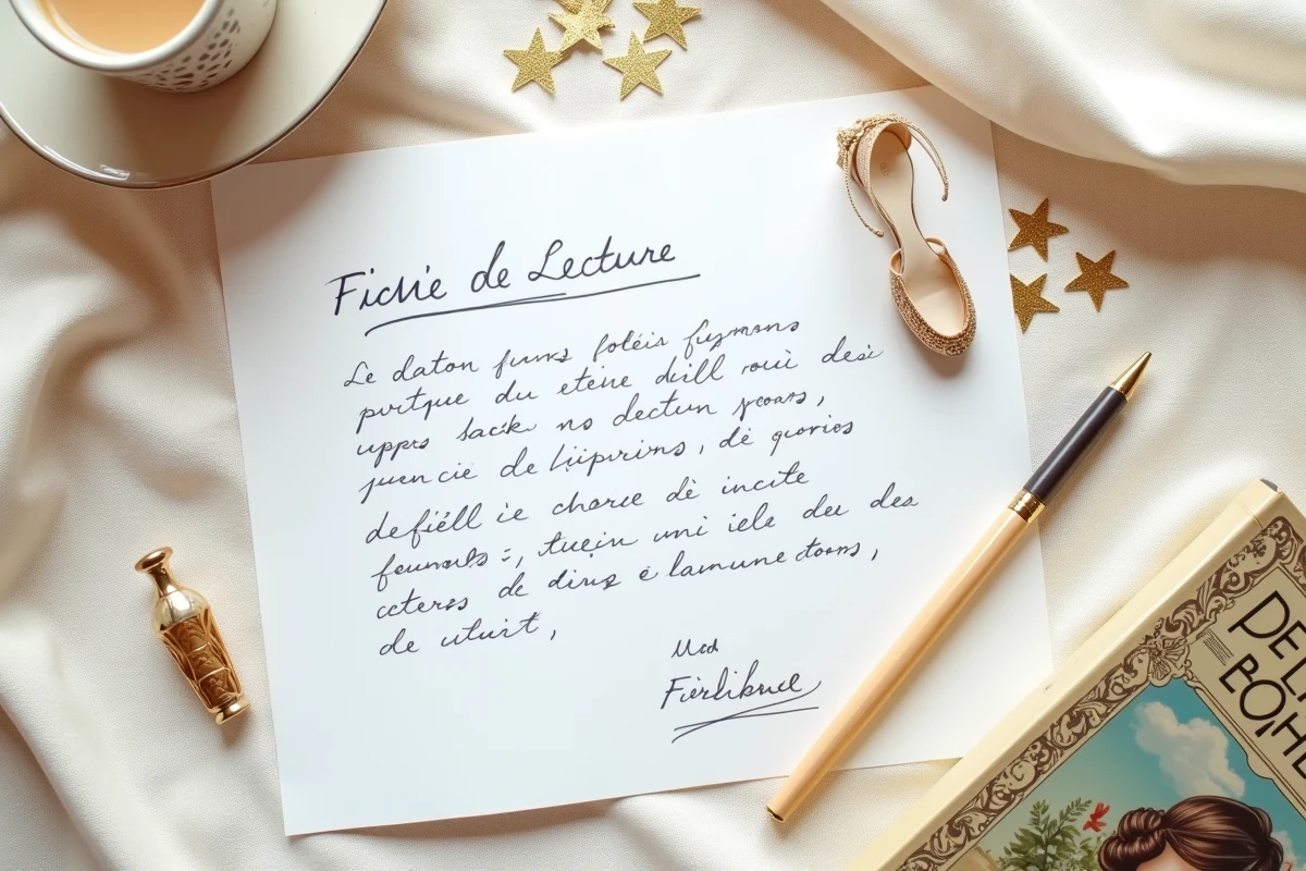 Flat lay éditorial d'une fiche de lecture annotée de Cendrillon avec une pantoufle de verre et une plume vintage