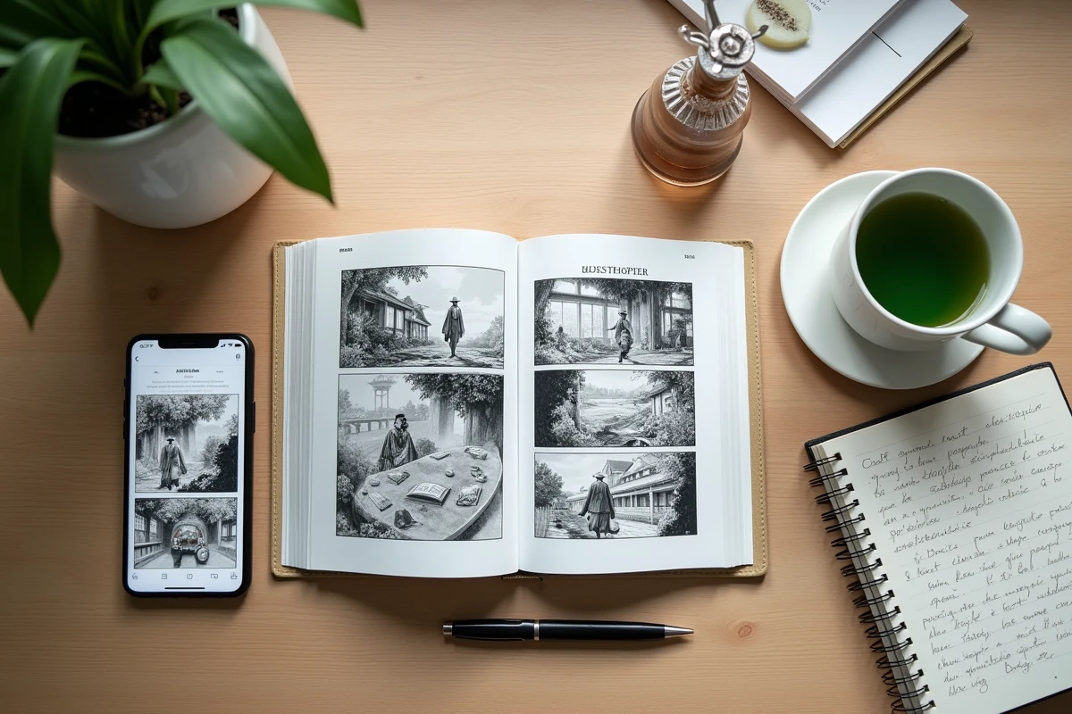 Flat-lay &eacute;ditorial d'un manga One Piece ouvert, d'un smartphone avec application de scan en fran&ccedil;ais et d'une tasse de th&eacute; sur une table en bois