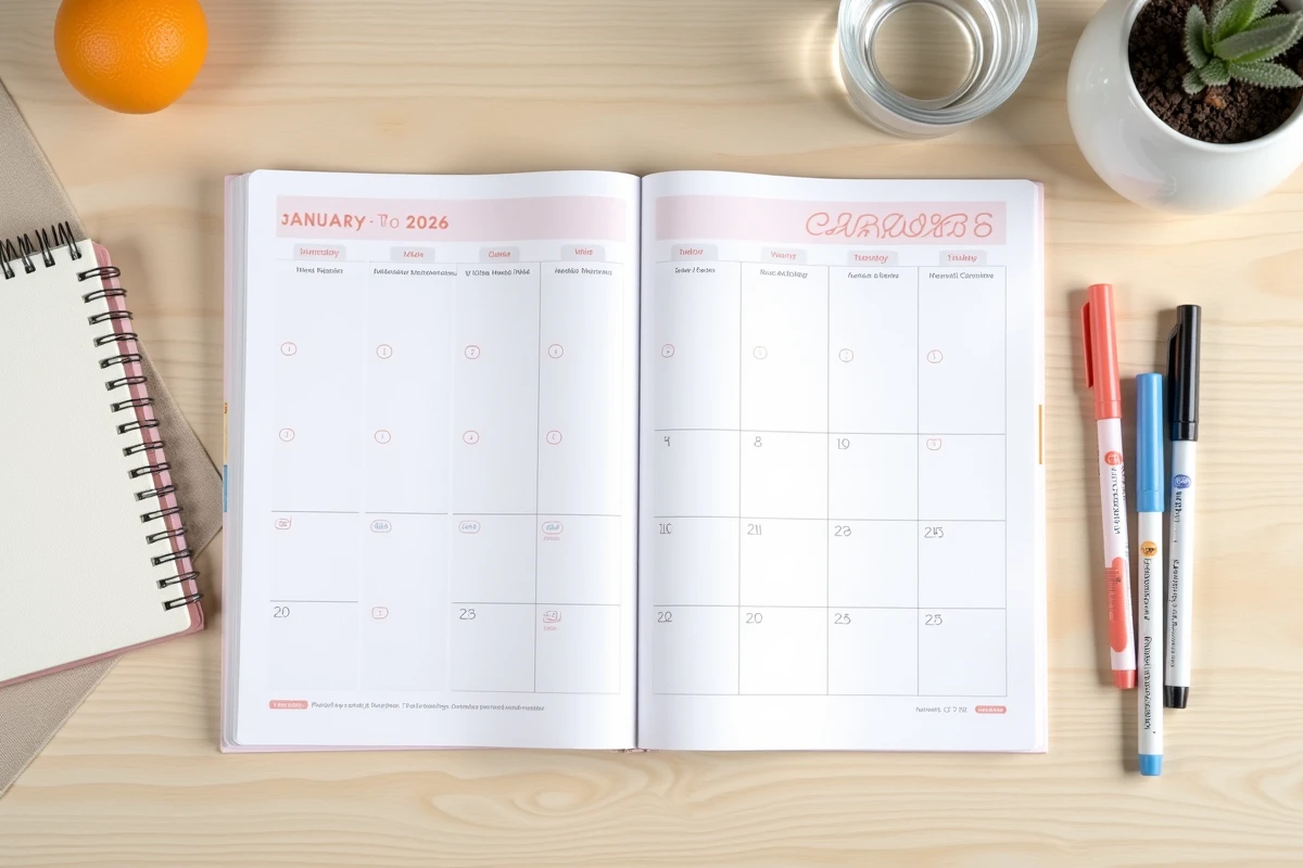 Flat-lay d'un planning mensuel 2026 &agrave; imprimer avec des marqueurs color&eacute;s sur un bureau minimaliste