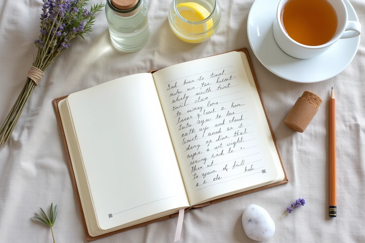 Flat lay d'accessoires de rituel de pleine lune pour la détox et le lâcher-prise : journal, cristaux et tisane