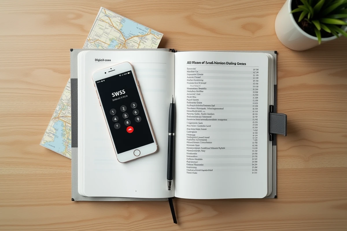 Vue de dessus d'un smartphone affichant un num&eacute;ro suisse avec indicatif 41 pos&eacute; sur un bureau avec un carnet de notes