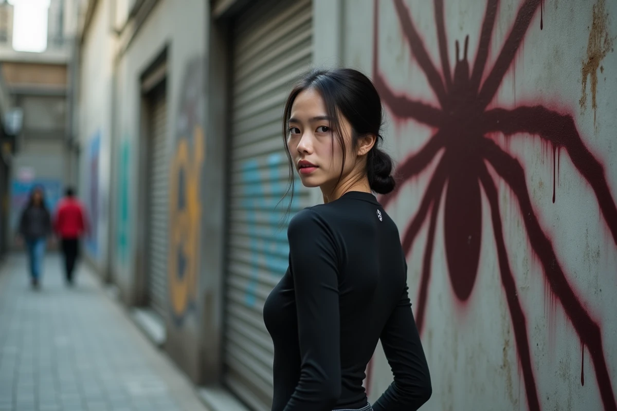 Jeune femme devant une fresque murale urbaine représentant des araignées stylisées évoquant l'univers symbolique de Hunter x Hunter