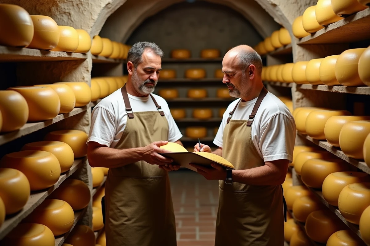 Deux fromagers espagnols inspectant des meules de Manchego dans une cave d'affinage traditionnelle en Castille-La Manche