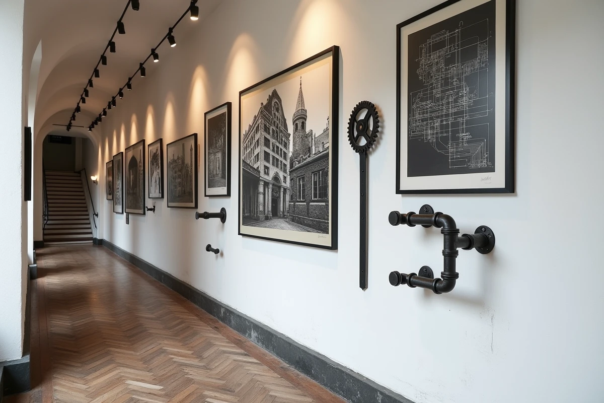 Couloir &eacute;troit avec galerie murale style industriel, cadres m&eacute;tal noir, dessins techniques et porte-manteau tuyaux