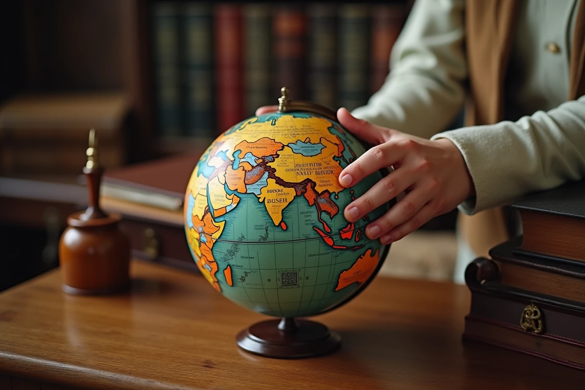 Gros plan d'un globe terrestre vintage avec une main pointant les plus grands pays du monde