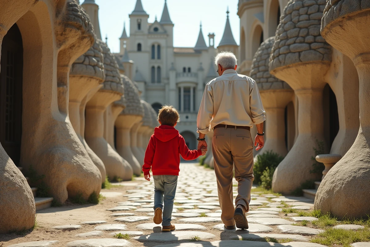 Grand-père et petit-fils se promenant dans les allées du Palais Idéal du Facteur Cheval