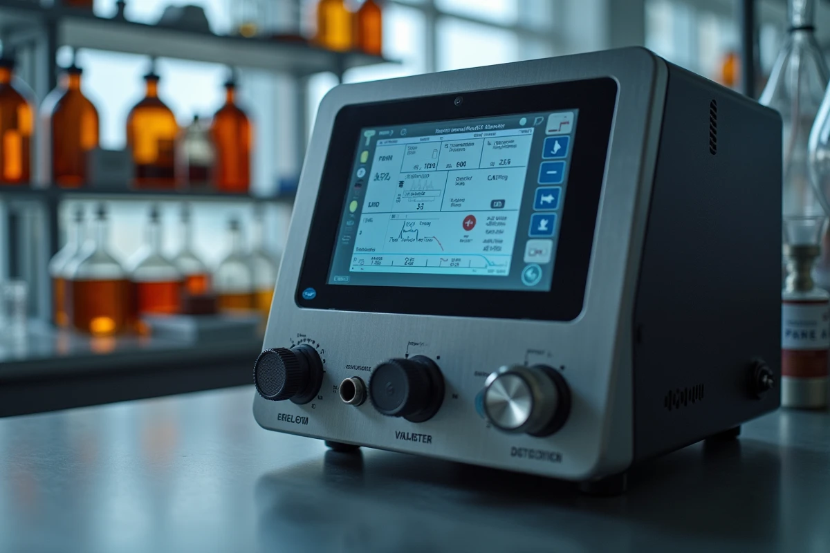 Gros plan sur l'interface et les connexions d'un analyseur BELCAT II dans un laboratoire de science des matériaux