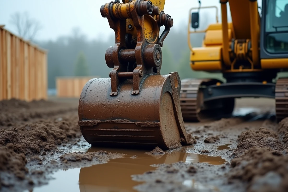 Gros plan sur le bras hydraulique et le godet d'une pelle m&eacute;canique sur terrain boueux de chantier