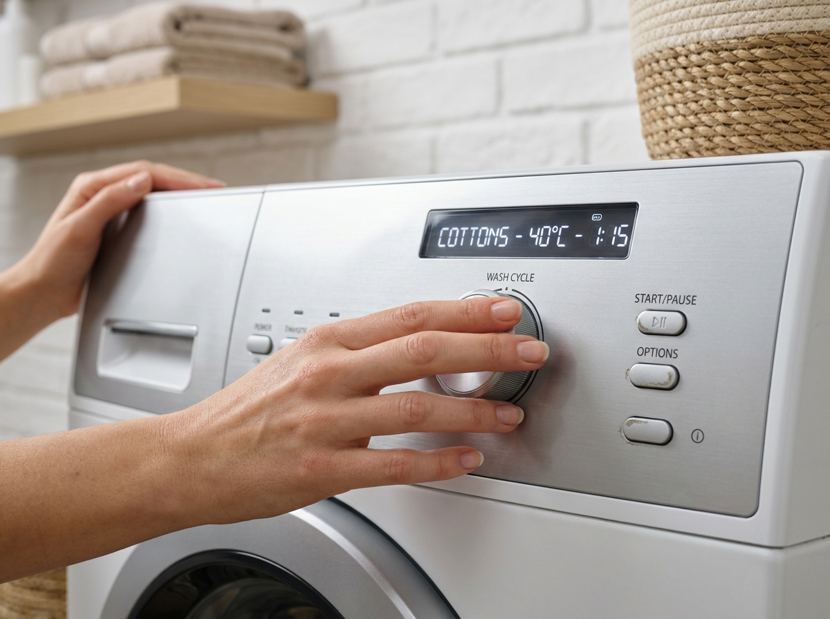 Gros plan sur le panneau de commande d'une machine à laver avec sélection de programme de lavage