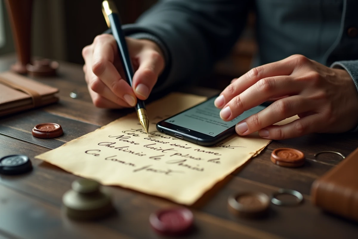 Gros plan de mains écrivant une lettre napoléonienne à la plume avec un smartphone affichant le générateur de courrier napoleonseries.com