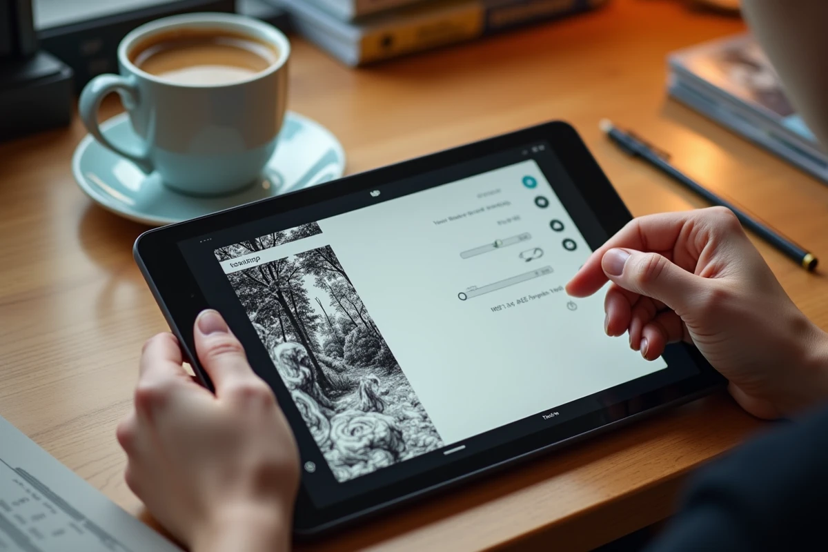 Gros plan sur les r&eacute;glages de confort de lecture manga sur tablette avec l'interface Epsilone.scan visible &agrave; l'&eacute;cran