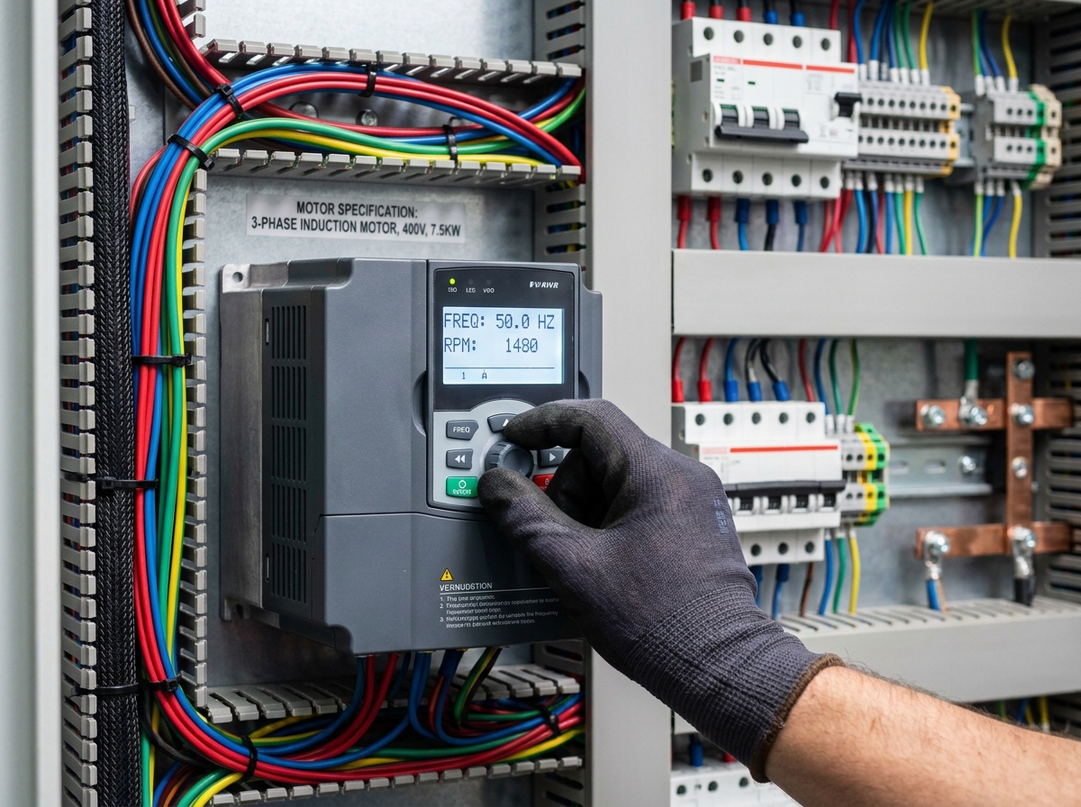 Gros plan sur un variateur de vitesse avec affichage num&eacute;rique et c&acirc;blage dans une armoire &eacute;lectrique industrielle