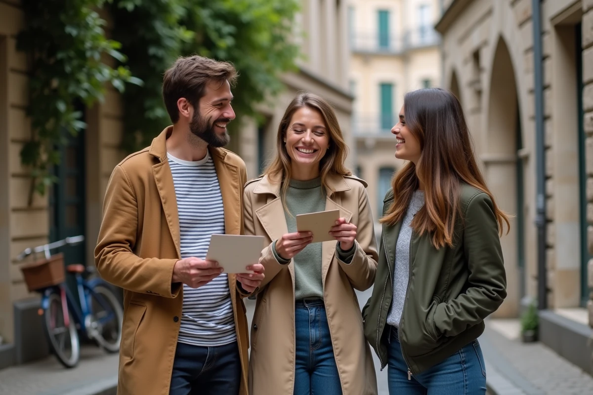 Trois amis dans une rue pav&eacute;e d'une vieille ville fran&ccedil;aise, partageant une d&eacute;claration d'amiti&eacute; lue &agrave; voix haute, atmosph&egrave;re authentique et complice