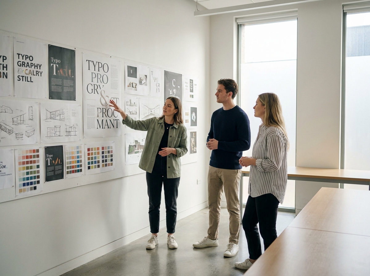 Groupe d'&eacute;tudiants en ann&eacute;e pr&eacute;paratoire arts appliqu&eacute;s lors d'une s&eacute;ance de critique de travaux dans une salle de design