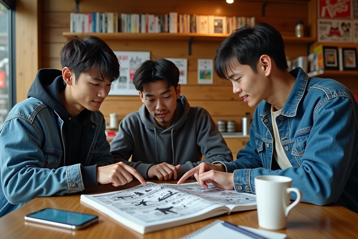 Groupe de fans discutant ensemble des th&eacute;ories et indices cach&eacute;s du scan One Piece 1155 dans un caf&eacute; manga