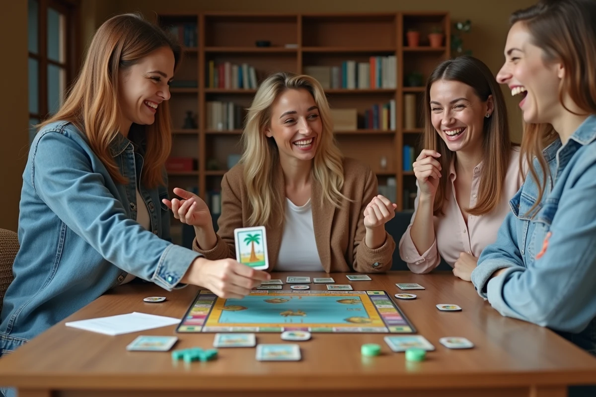 Trois femmes adultes riant et r&eacute;agissant &agrave; une carte sp&eacute;ciale lors d'une partie de la r&egrave;gle des palmiers dans un salon cosy