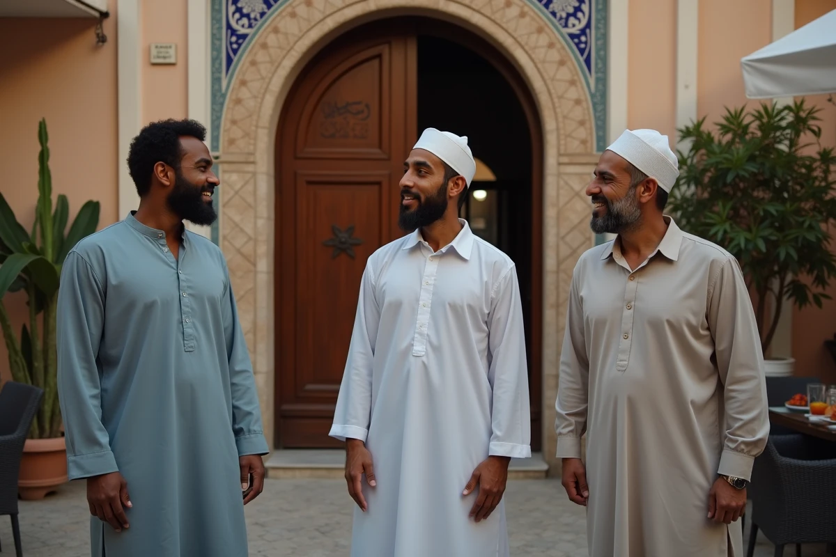 Groupe d'hommes discutant devant l'entr&eacute;e d'une mosqu&eacute;e &agrave; Marseille apr&egrave;s la pri&egrave;re du soir