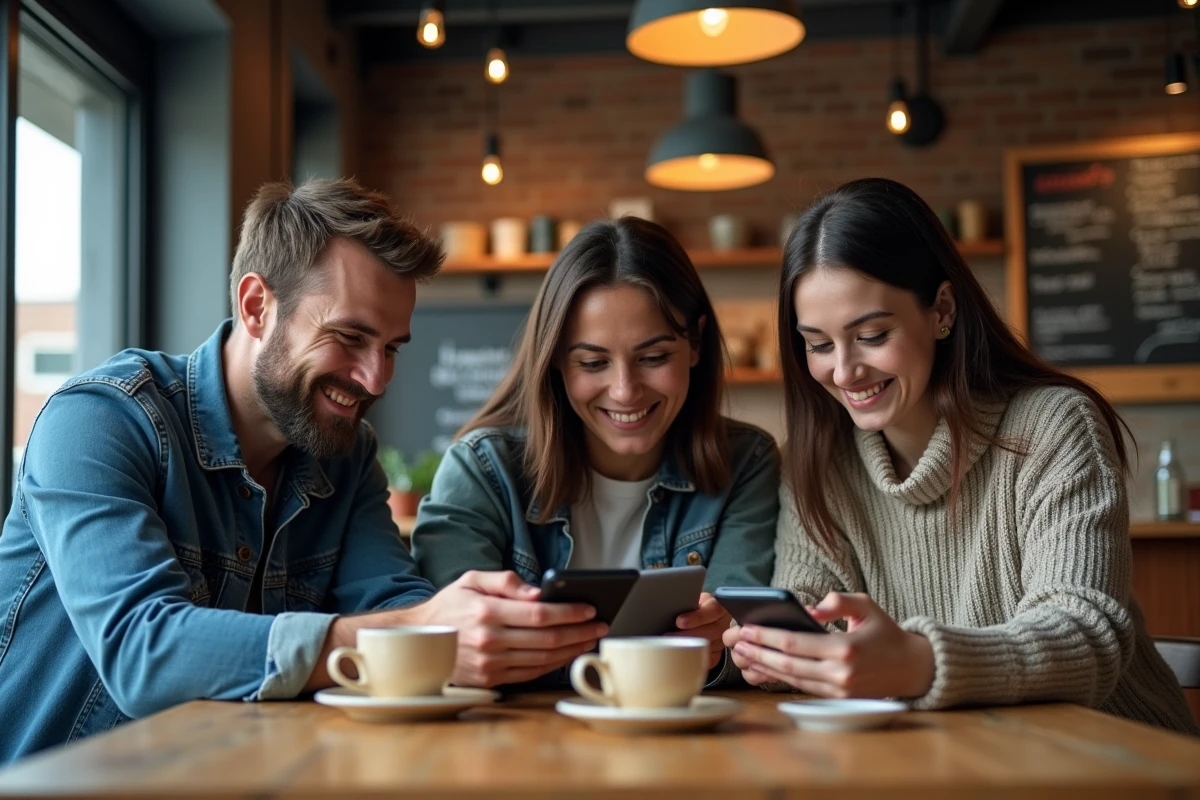 Groupe de jeunes adultes geeks consultant un blog pop culture et tech sur leurs t&eacute;l&eacute;phones dans un caf&eacute; urbain