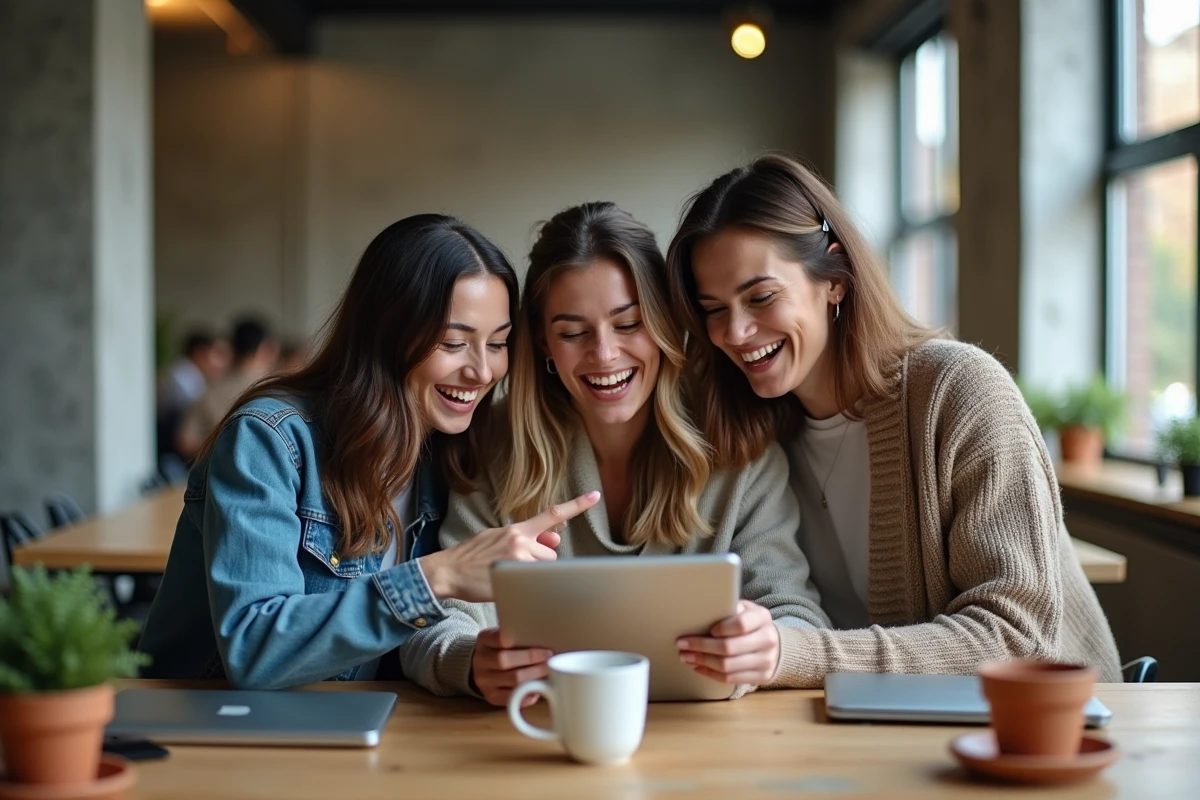 Groupe de jeunes adultes riant devant une tablette affichant une blague politique sur internet dans un espace de coworking